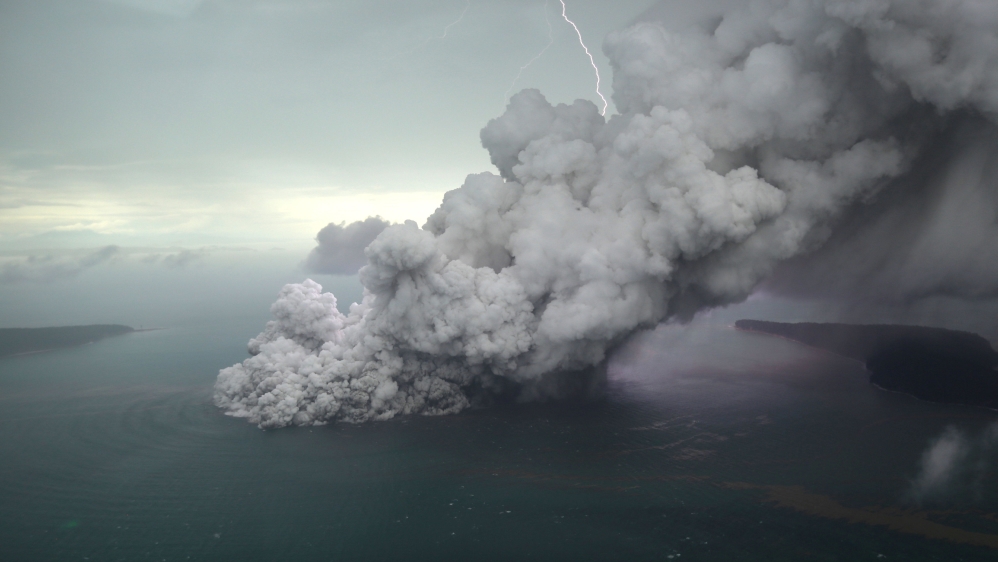An aerial view of Anak Krakatau volcano during an eruption at Sunda strait in South Lampung