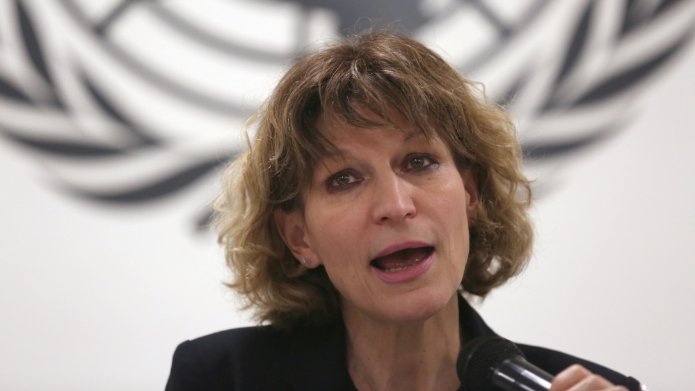 Special Rapporteur Agnes Callamard participates in a news conference in San Salvador