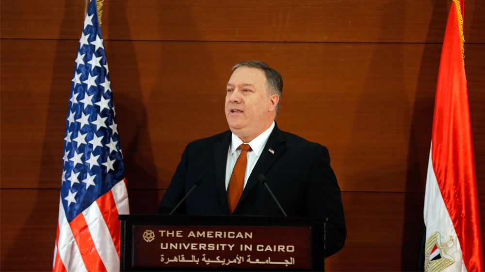 United States Egypt U.S. Secretary of State Mike Pompeo, gives a speech at the American University in Cairo, Egypt, Thursday, Jan. 10, 2019. Pompeo delivered a scathing rebuke of the Obama admin