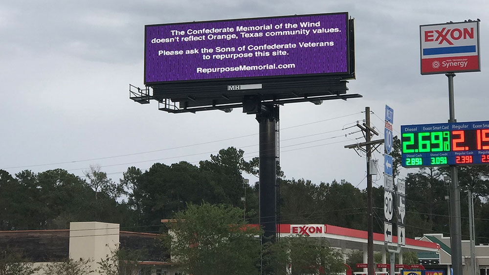 A billboard put up by the Repurpose Memorial campaign in Orange, Texas [Courtesy of RepurposeMemorial.com]