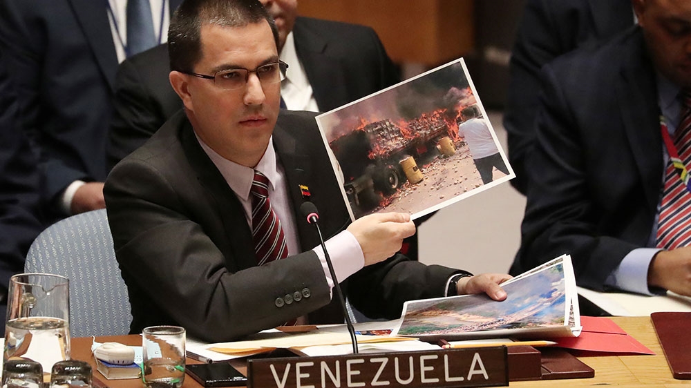 Venezuela Minister of Foreign Affairs Jorge Arreaza speaks about the situation in Venezuela at the UNSC [Shannon Stapleton/Reuters]