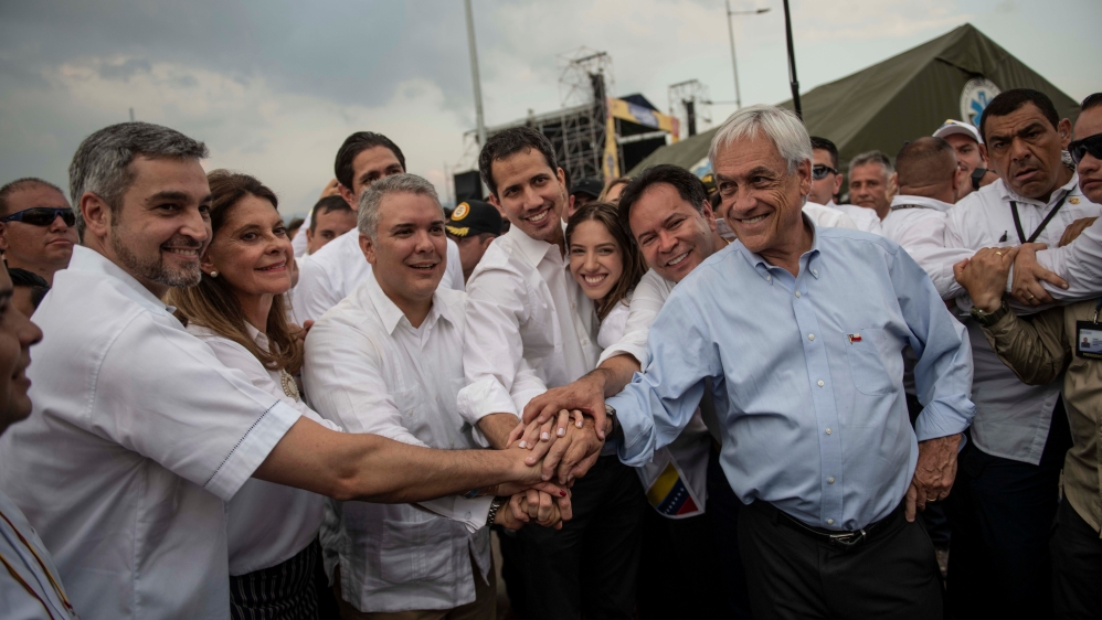 Chile's President Sebastian Pinera, Venezuelan opposition leader Juan Guaido, Colombia's President Ivan Duque, and Paraguay's President Mario Abdo Benitez, attend the Venezuela Live Aid concert [Marcelo Segura/courtesy of Chilean Presidency via Reuters]