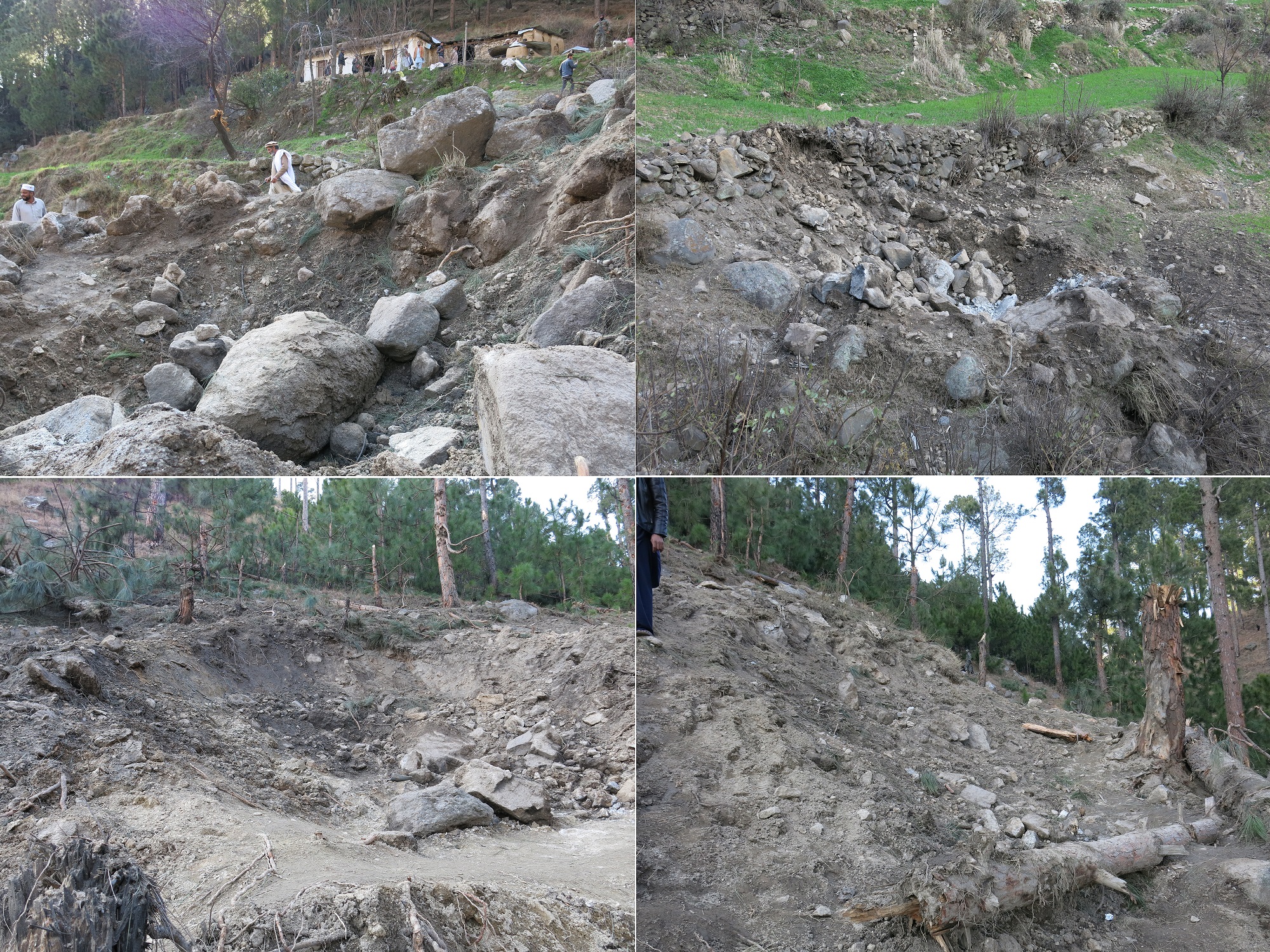 A composite of four photos showing the four craters in the ground left by the Indian air raids in Jaba [Asad Hashim/Al Jazeera]