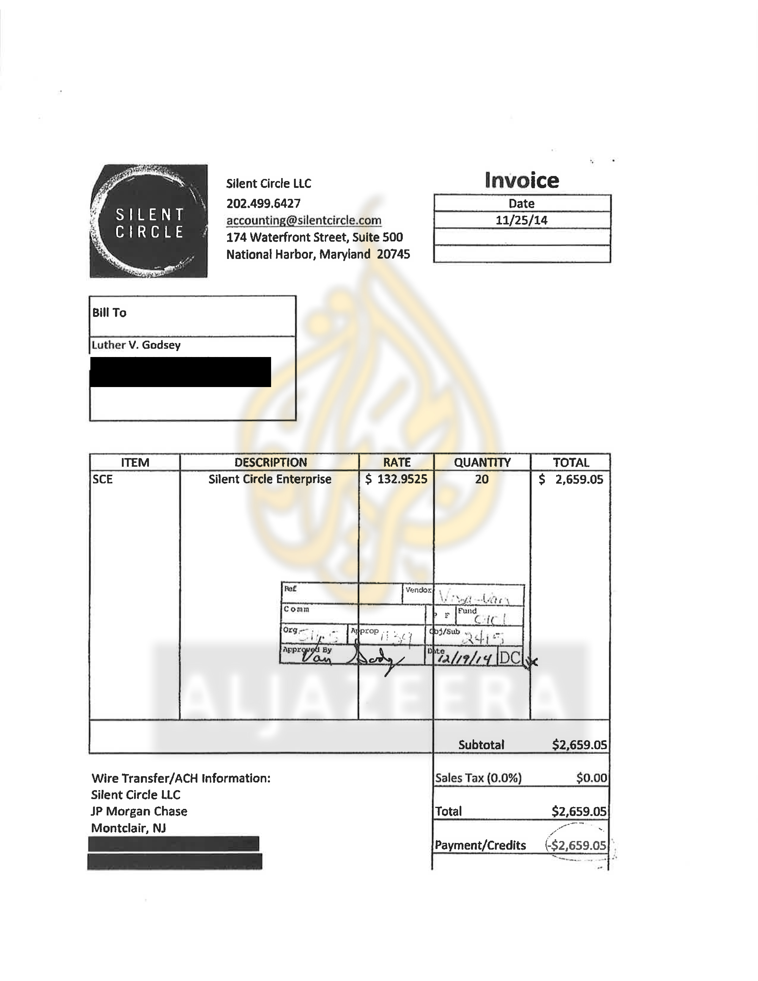 An invoice obtained by Al Jazeera shows that Missouri State Highway Patrol purchased Silent Phone for $2,659.05 [Al Jazeera]
