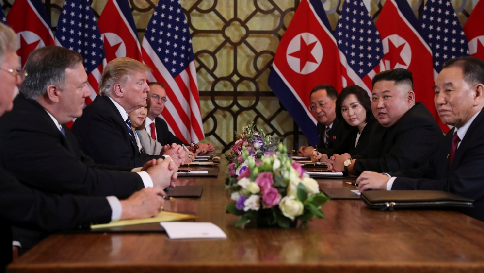 The two sides begin an extended bilateral meeting in Hanoi [Leah Millis/Reuters]