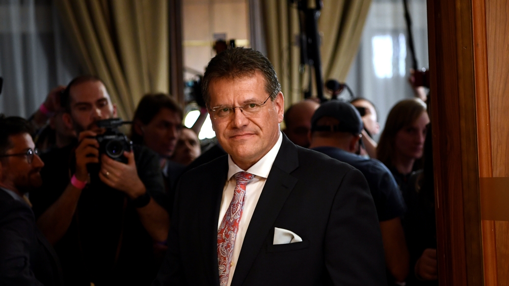 
Maros Sefcovic conceded defeat and congratulated Caputova [Radovan Stoklasa/Reuters]
