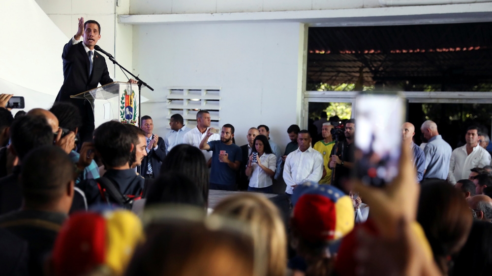 Venezuelan opposition leader Juan Guaido speaks during a meeting regarding the condition of the water and electricity systems [Manaure Quintero/Reuters]