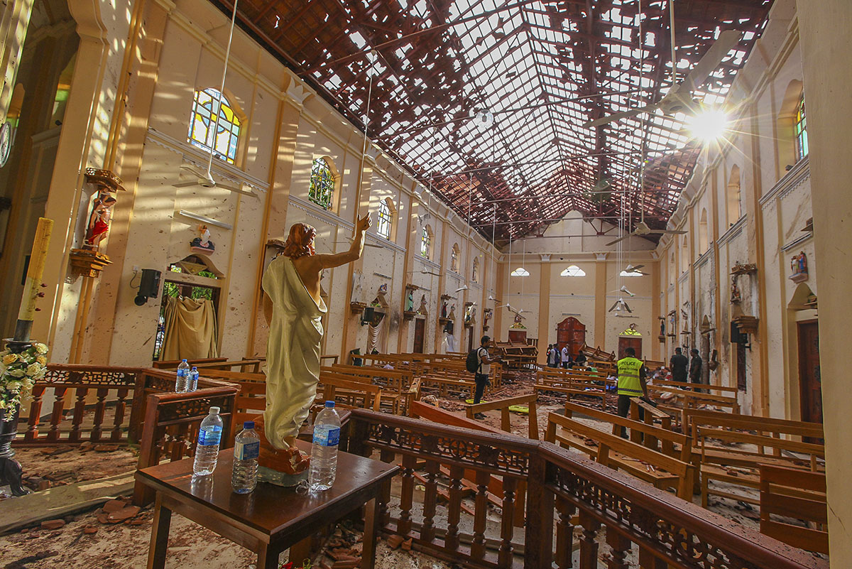 A view of St. Sebastian''s Church damaged in blast in Negombo, north of Colombo, Sri Lanka, Sunday, April 21, 2019. More than hundred were killed and hundreds more hospitalized with injuries from eight
