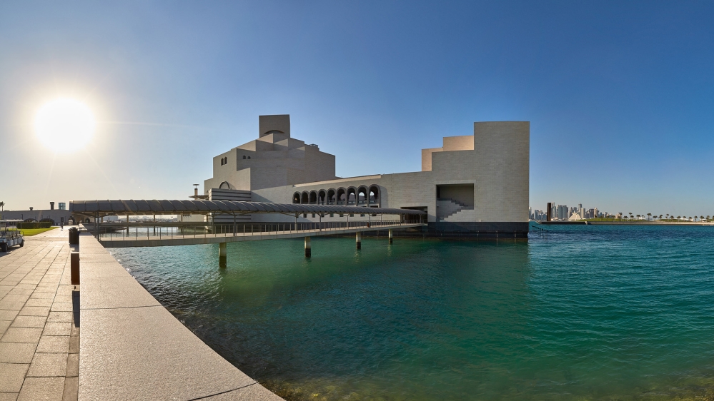 The museum is built on an artificial island 60 metres offshore on the south side of the crescent-shaped stretch of seafront on which Doha sits
