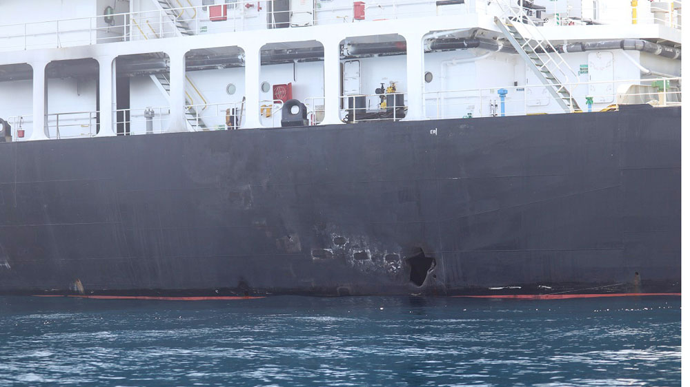 The US military image released by the Pentagon shows what the Navy says is the hull penetration and blast damage on the Kokuka Courageous