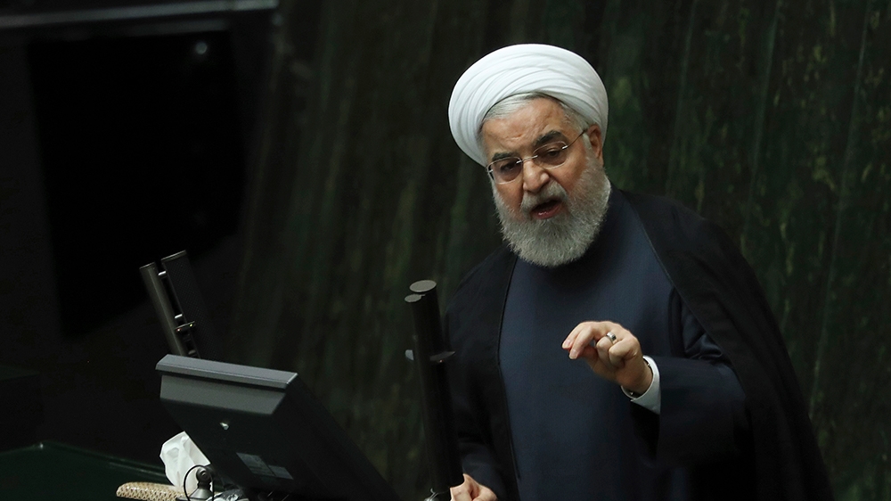 Iranian President Hassan Rouhani speaks at a session of parliament to debate his proposed tourism and education ministers, in Tehran, Iran, Tuesday, Sept. 3, 2019. Rouhani said European nations are fa