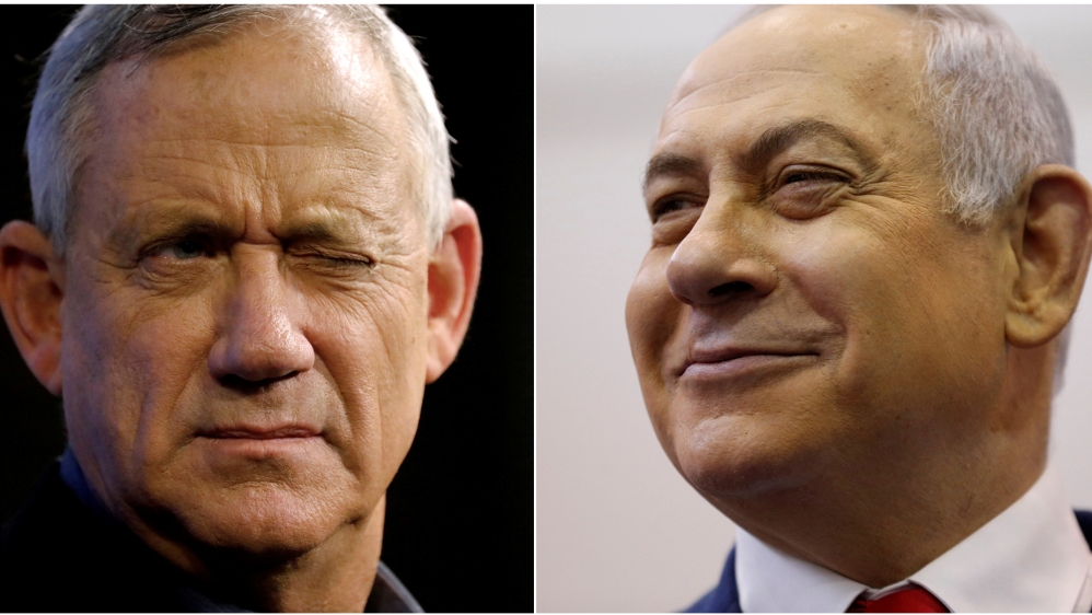 A combination picture shows Benny Gantz (left), leader of Blue and White party, at an election campaign event in Ashkelon, Israel, April 3, 2019, and Israeli Prime Minister Benjamin Netanyahu