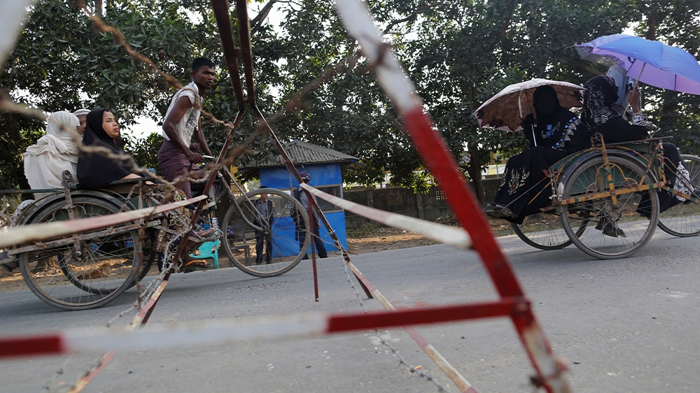 A checkpoint outside a refugee camp in Sittwe in the state of Rakhine.