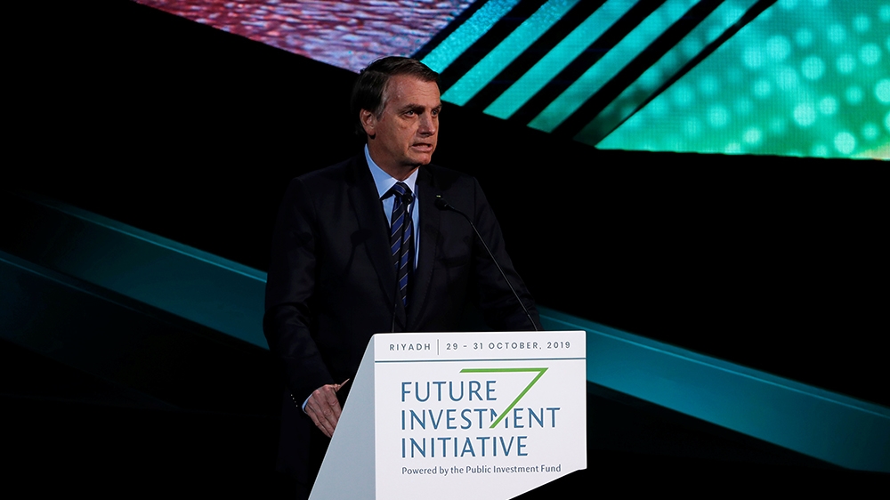 Brazilian President Jair Bolsonaro speaks during the Future Investment Initiative conference in Riyadh, Saudi Arabia, October 30, 2019