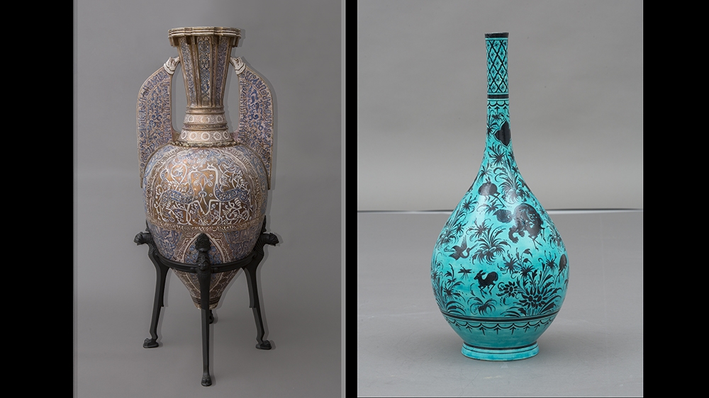 Left: Bottle in the Persian (late Safavid) style, glazed and lustre-painted ceramic, France, late 1800s. Right: Alhambra vase, Spain 1800–1899. Glazed ceramic with lustre decoration [Courtesy: Islamic Arts Museum Malaysia]