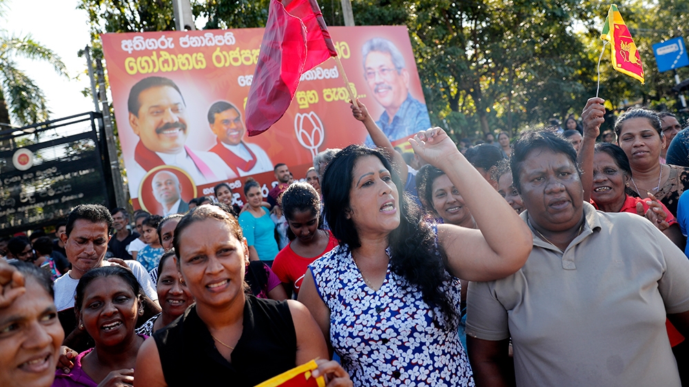 Supporters of Sri Lanka's president elect Gotabaya Rajapaksa celebrate his election victory in Colombo, Sri Lanka, Sunday, Nov.17, 2019. Rajapaksa, revered by Sri Lanka's ethnic majority for his role