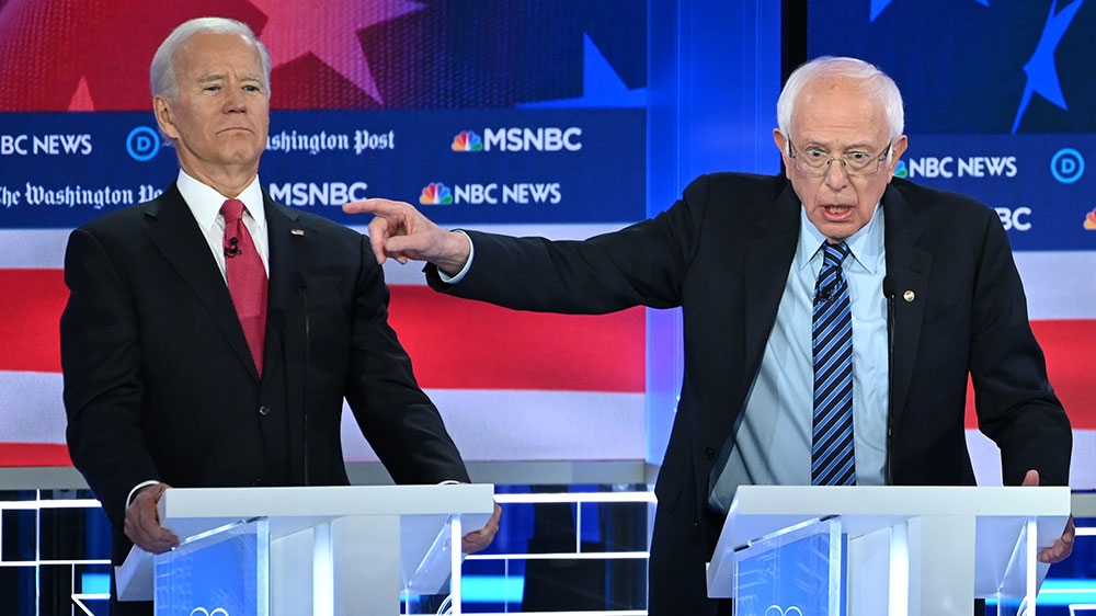 Democratic presidential hopefuls former Vice President Joe Biden and Senator Bernie Sanders participate of the fifth Democratic primary debate of the 2020 presidential campaign season co-hosted by MSNBC and The Washington Post