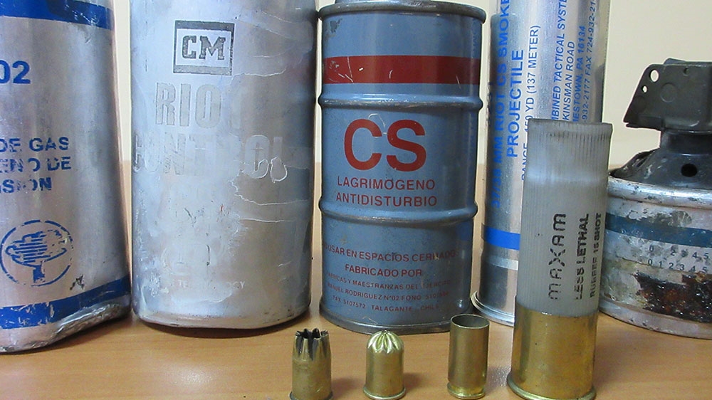 Items collected by protesters after a police crackdown on Thursday in an Antofagasta neighbourhood include various tear gas canisters, a rubber projectile cartridge, blanks, and a 9mm bullet casing