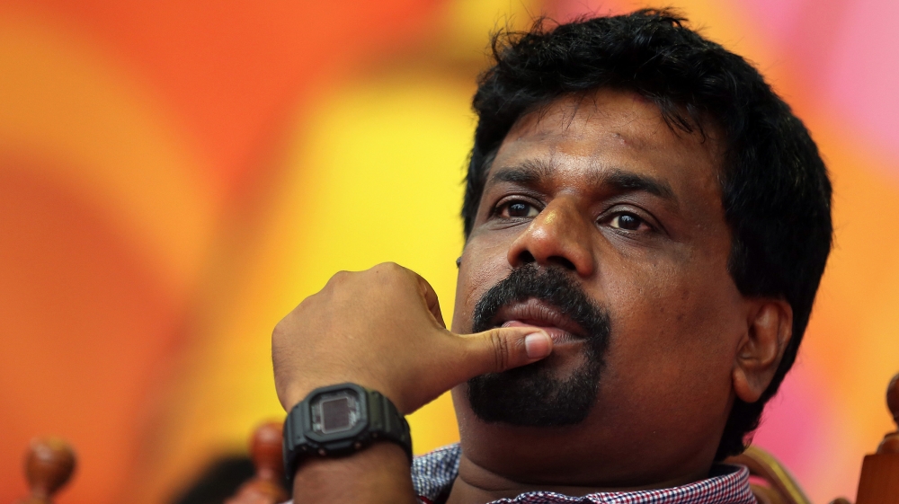 Janatha Vimukthi Peramuna or People's Liberation Front leader Anura Kumara Dissanayake attends an election propaganda rally at Panadura, 29 kms south of Colombo, Sri Lanka, 11 August 2015. Considered 