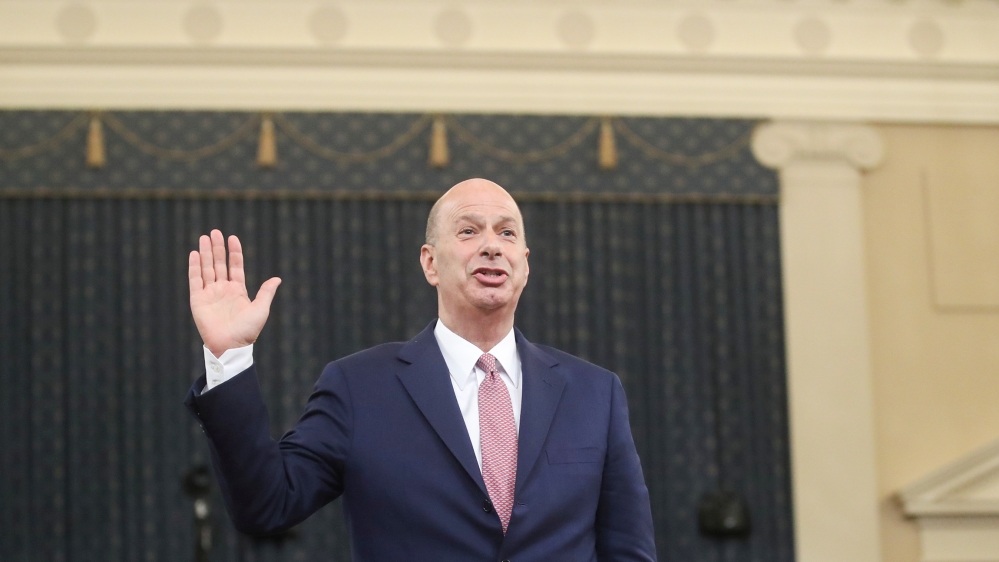 U.S. Ambassador to the European Union Gordon Sondland is sworn in to testify before the U.S. House Intelligence Committee as part of the impeachment inquiry into U.S. President Donald Trump on Capitol
