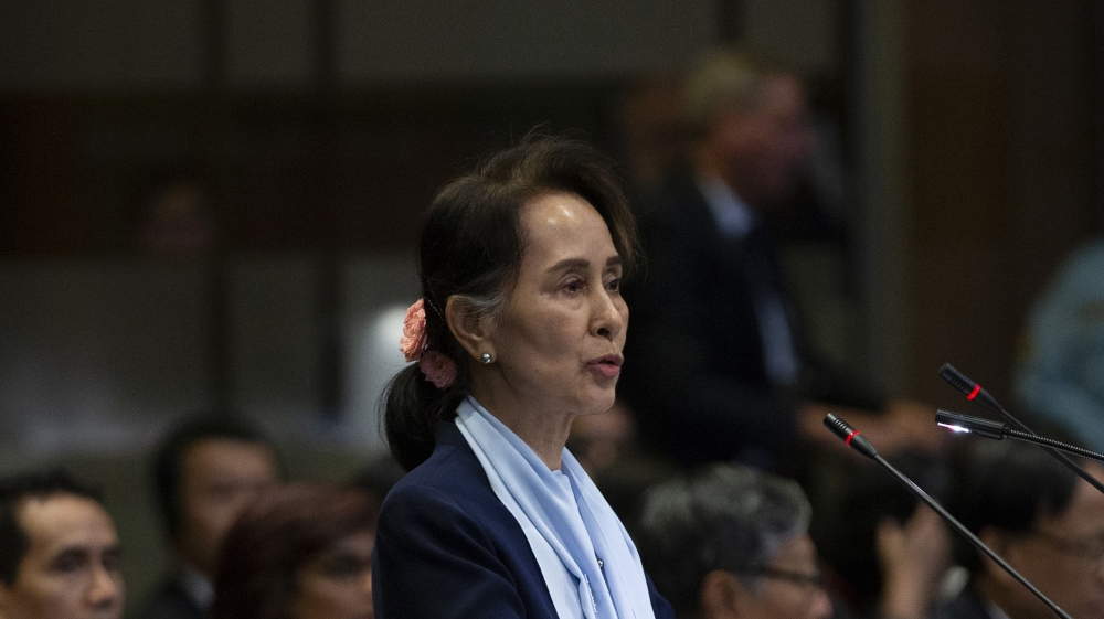Myanmar''s leader Aung San Suu Kyi addresses judges of the International Court of Justice for the second day of three days of hearings in The Hague, Netherlands, Wednesday, Dec. 11, 2019. Aung San Suu