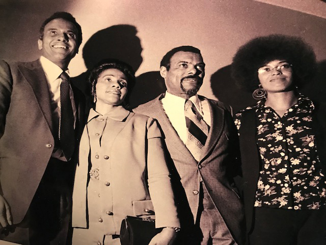 Harry Belefonte, Coretta Scott King, Paul Robeson Jr and Angela Davis meet for the first time at a benefit, 1972 [Photo courtesy: Alex Harsley]