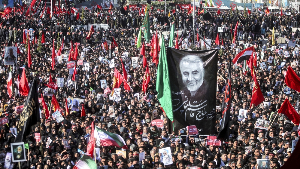 Mourners attend a funeral ceremony for Iranian Gen. Qassem Soleimani and his comrades, who were killed in Iraq in a U.S. drone strike on Friday, in the city of Kerman, Iran, Tuesday, Jan. 7, 2020. The