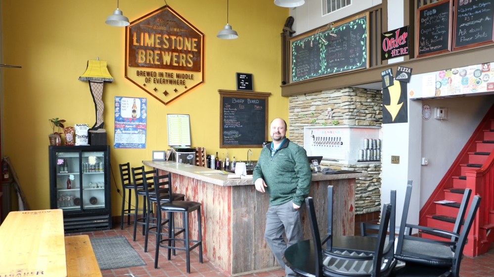 Josh Olson, coowner of Limestone Brewers, which opened in 2018 in Osage, a farming community caught in the crosshairs of a trade war between the United States and China