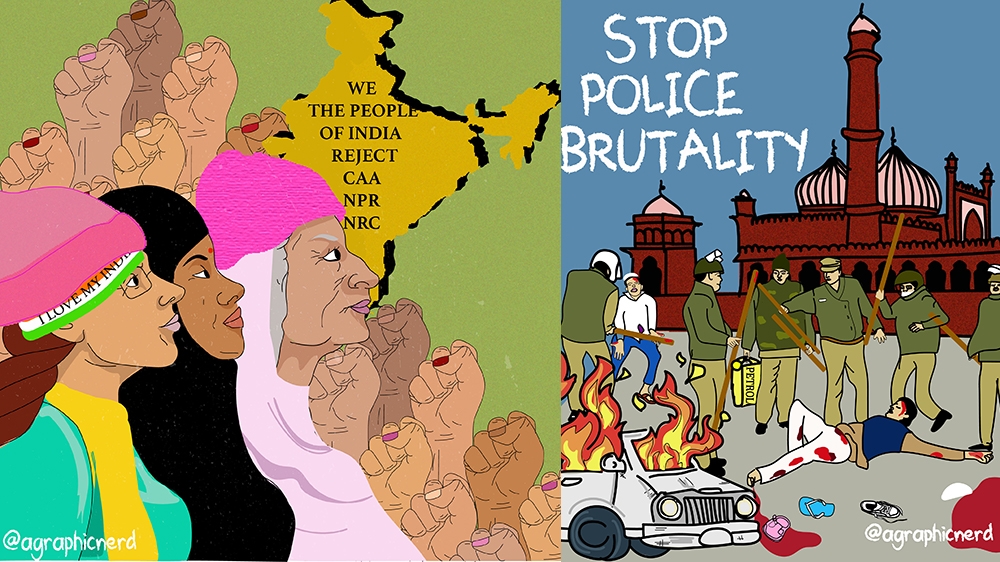 An illustration of the resilience of women at Shaheen Bagh and depiction of police action against protesters [Courtesy of Lamya Khan]