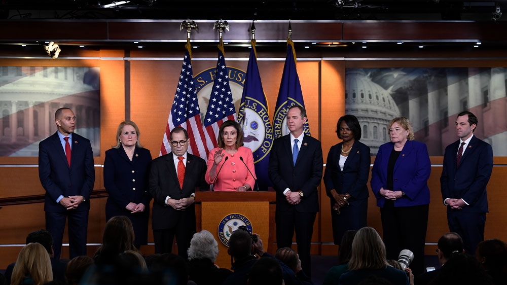House Speaker Nancy Pelosi speaking during a news conference to announce impeachment managers on Capitol Hill in Washington