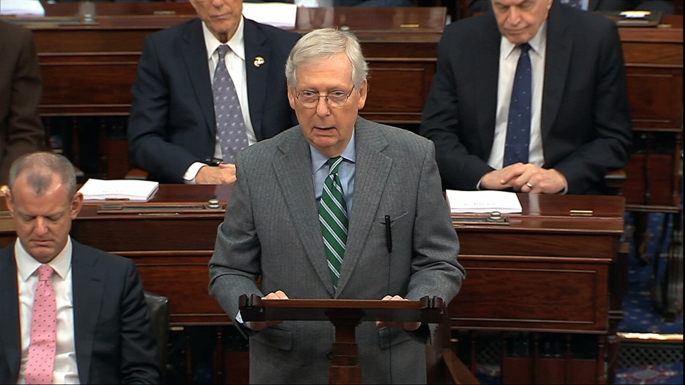 In this image from video, Majority Leader Senator Mitch McConnell, speaks as the impeachment trial against President Donald Trump begins in the Senate