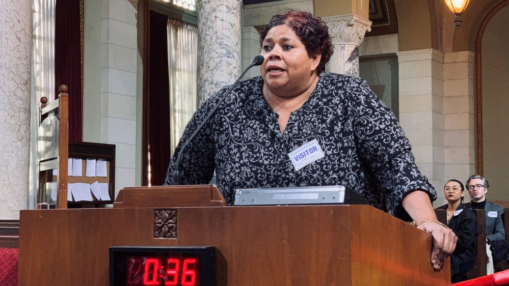 Grandmother and child migrant activist Mayra Todd addresses the Los Angeles City Council on the temporary ban on detention centres
