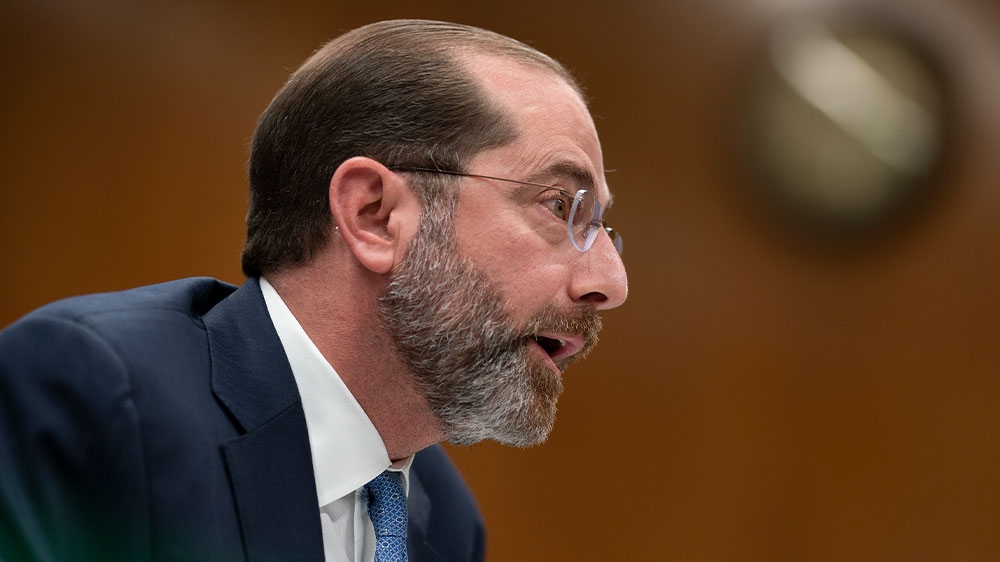 Secretary of Health and Human Services Alex Azar testifying before a Senate Appropriations subcommittee on President Donald Trump’s budget request for fiscal year 2021, on Capitol Hill in Washington, DC