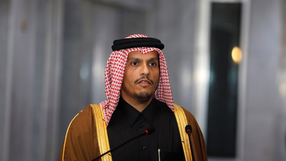 Qatari Foreign Minister Sheikh Mohammed bin Abdulrahman Al Thani speaks during a news conference with Iraqi Foreign Affairs Minister Mohamed Ali Alhakim, in Baghdad