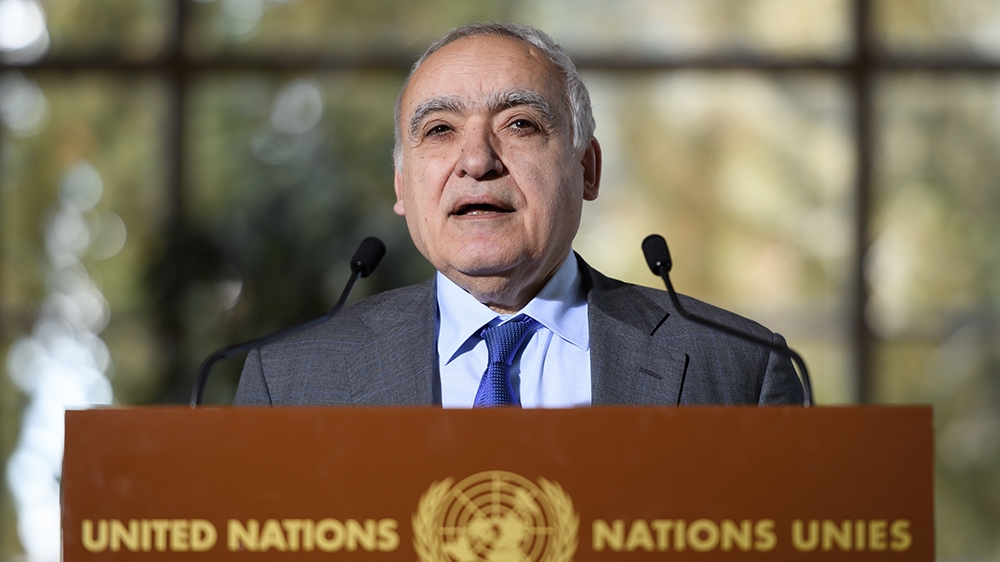 UN Envoy for Libya Ghassan Salame holds a press briefing during UN-brokered military talks on February 18, 2020 in Geneva. (Photo by Fabrice COFFRINI / AFP)