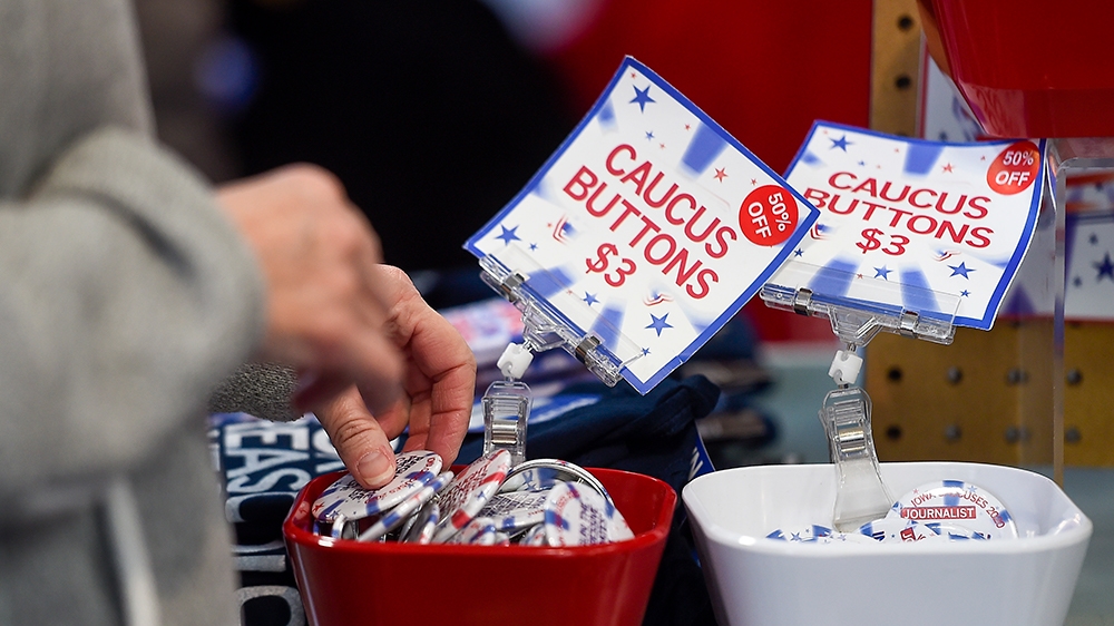 On the last day of campaigning for the Iowa caucuses, political merchandise is on sale at Ray Gun, a popular store with a special political section in Des Moines, Iowa, USA, 3 February, 2020. The firs