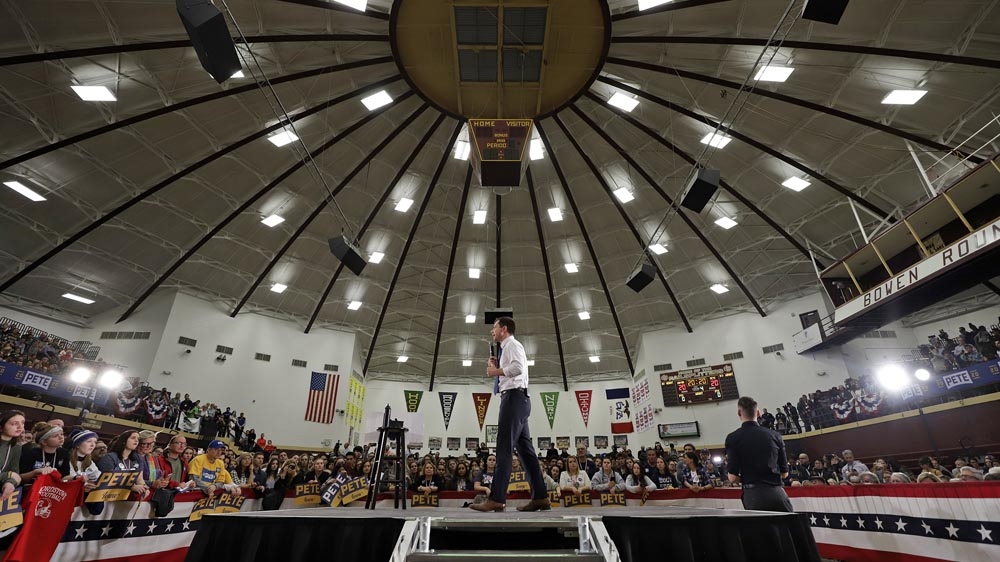 Pete Buttigieg, speaks at a Get Out the Caucus event ahead of the Iowa Caucuses in February