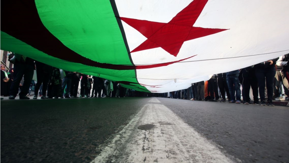 Demonstrators carry a national flag as they march in Algiers