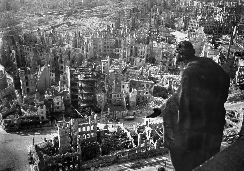 View taken from Dresden’s town hall of the destroyed Old Town after the allied bombings on 13-14 February 1945. Roughly 25,000 people were killed, and 90 percent of the city centre turned to rubble, in two days of relentless bombing