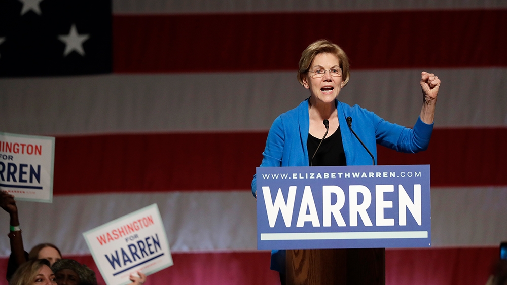 Democratic presidential candidate U.S. Sen. Elizabeth Warren, D-Mass., speaks during a campaign event Saturday, Feb. 22, 2020, in Seattle. (AP Photo/Elaine Thompson)