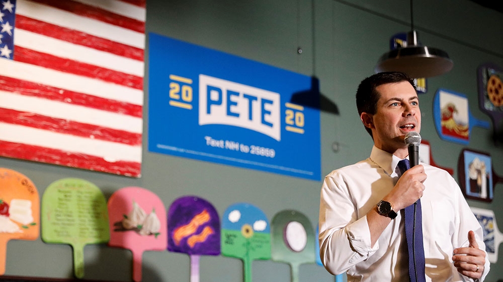 Democratic presidential candidate and former South Bend, Indiana mayor Pete Buttigieg speaks during a campaign stop at Community Oven in Hampton, New Hampshire