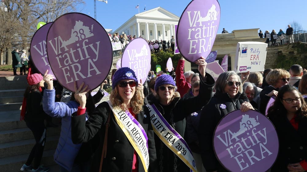 Equal Rights Amendment supporters demonstrate outside the Virginia State Capitol in Richmond, Virginia