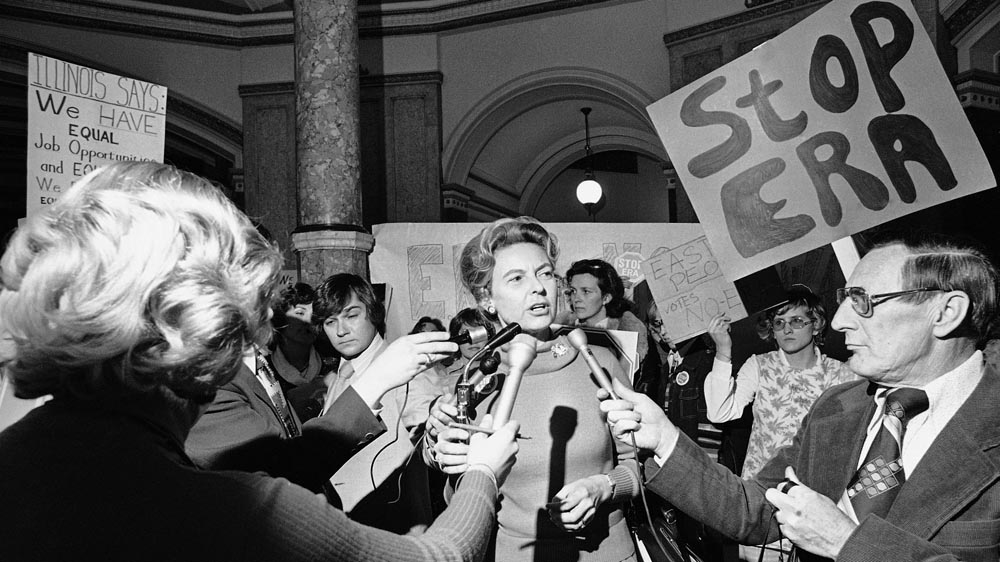 Phyllis Schlafly, a long time foe of the Equal Rights Amendment addresses her supporters at a rally at the State Capitol on November 22, 1977, in Springfield, Illinois