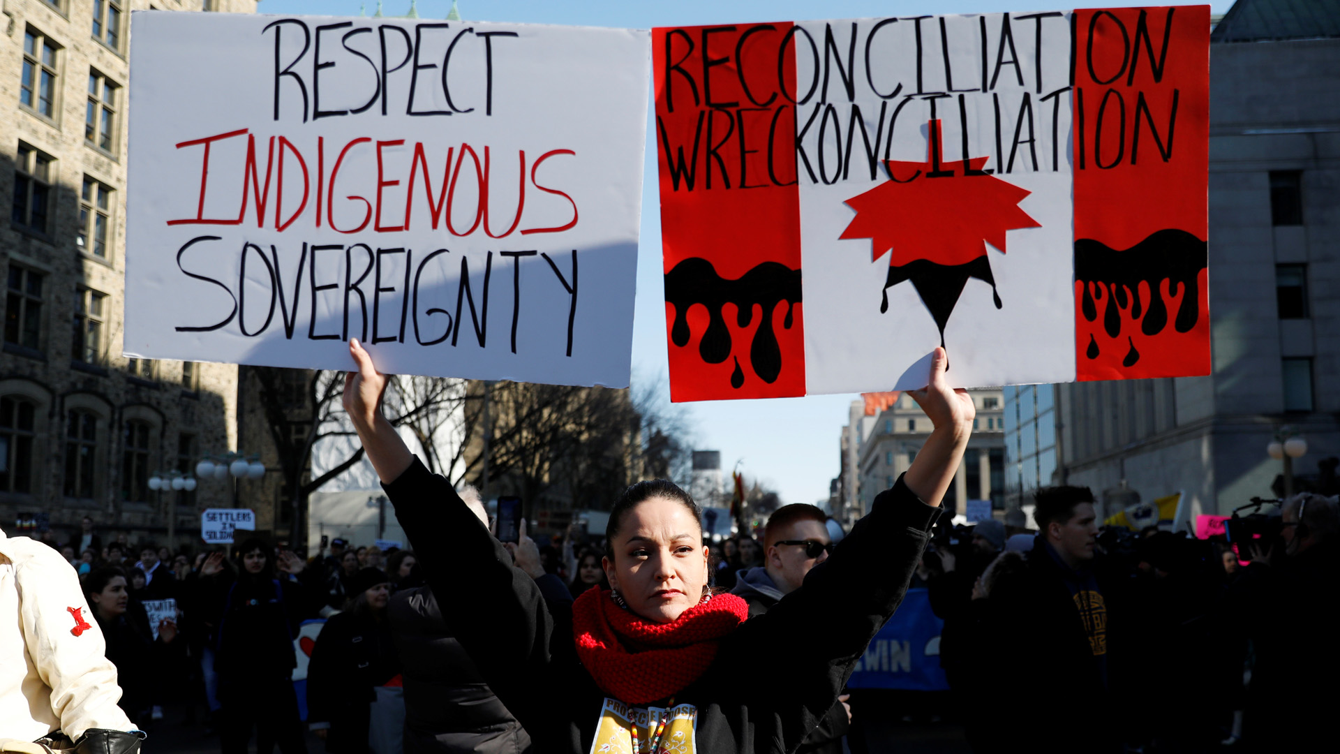 Protesters rally in support of the Wet’suwet’en in downtown Ottawa on February 24, 2020