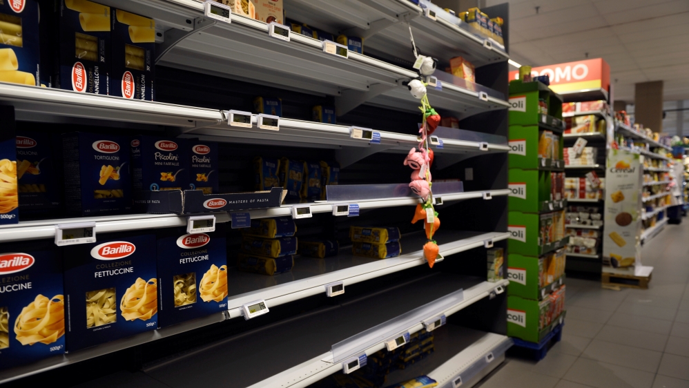 View of supermarket shelves starting to empty out as country is hit by outbreak of COVID-19 in Brussels