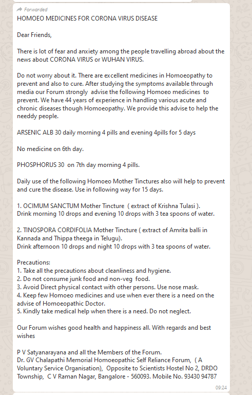 Coronavirus misinformation India [Screengrab]