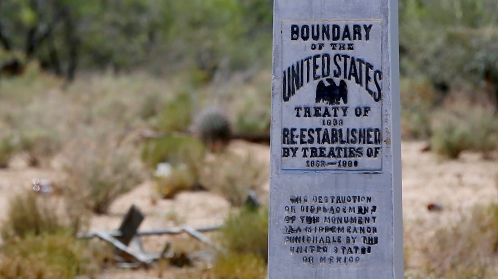 A boundary monument marking the U.S.-Mexico border is seen from the Tohono O''odham reservation looking into Mexico in Chukut Kuk