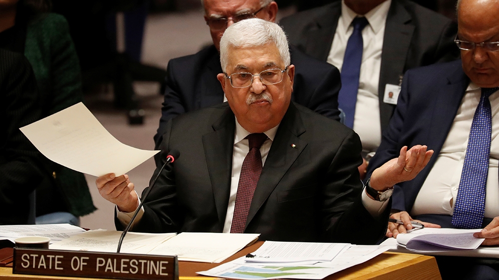 Palestinian President Mahmoud Abbas speaks during a Security Council meeting at the United Nations in New York, U.S., February 11, 2020.  REUTERS/Shannon Stapleton