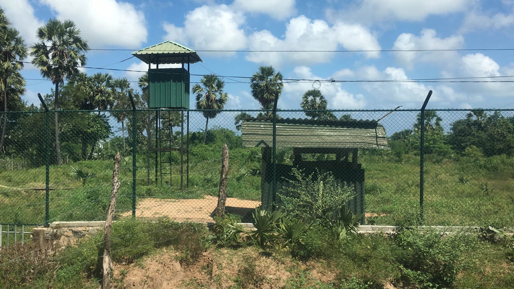 A watchtower in an army camp in Keppapilavu, where more than a decade after war’s end, the army still holds land claimed by Sri Lankan Tamils