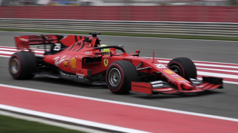 Mick Schumacher steers a Ferrari car during his first F1 test for Ferrari at the Bahrain International Circuit in Sakhir, Bahrain, Tuesday, April 2, 2019. Mick Schumacher has moved closer to emulating